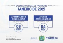 Governo de Pernambuco divulga calendário de pagamento dos servidores estaduais, referente ao mês de janeiro de 2021