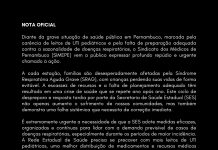 Carência de leitos de UTI pediátricos e falta de preparação adequada contra a sazonalidade de doenças respiratórias, leva SIMEPE a se manifestar