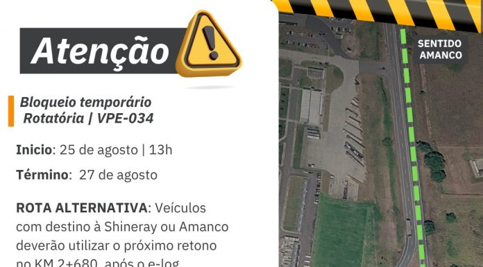 Motoristas devem ficar atentos a bloqueio parcial da rotatória Shineray, no Complexo Viário de Suape, a partir desta terça-feira