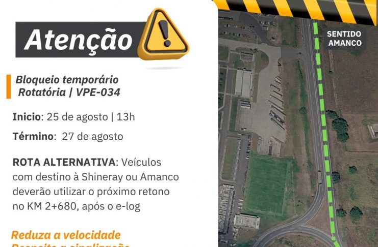 Motoristas devem ficar atentos a bloqueio parcial da rotatória Shineray, no Complexo Viário de Suape, a partir desta terça-feira